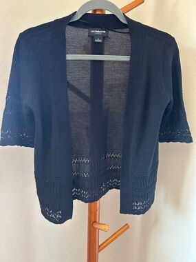Liz Claiborne Black Open-Front Short-Sleeve Cardigan with Crochet Trim